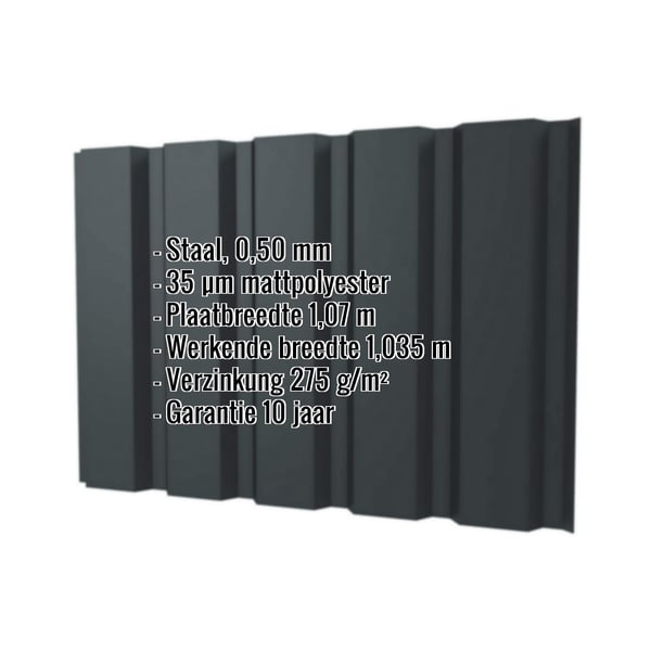 Damwandplaat T35/207M antracietgrijs, 0,50 mm, met ingebedde specificaties