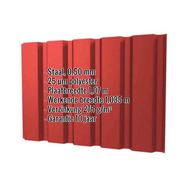 Damwandplaat T35/207M Koraalrood 0,50 mm, infografiek met specificaties