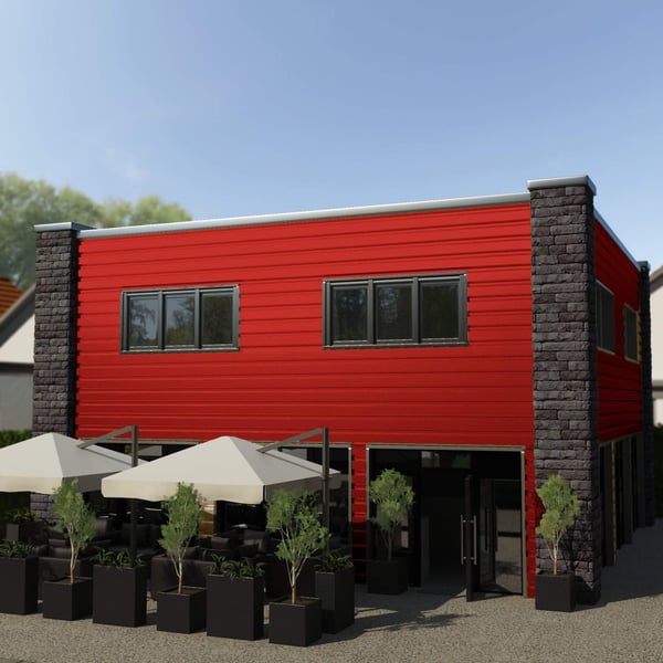 Damwandplaat T35/207M Koraalrood als gevelbekleding op een gebouw
