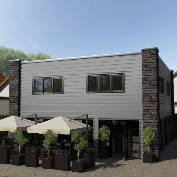 Gebouw met gevelbekleding van damwandplaat T35/207M Zilver-Metallic, toepassingsvoorbeeld