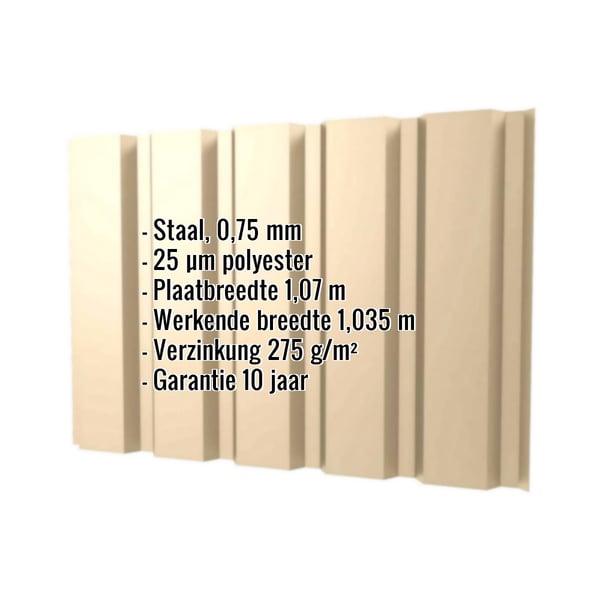 Damwandplaat T35/207M wand, licht ivoorkleurig, met ingebedde specificaties voor materiaal, dikte en coating