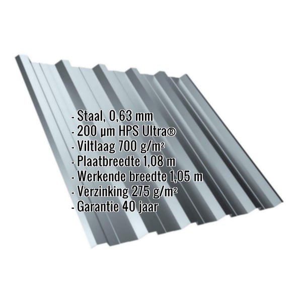 Damwandplaat T35DR in Venstergrijs met ingebedde specificaties: materiaal, dikte, coating, breedte