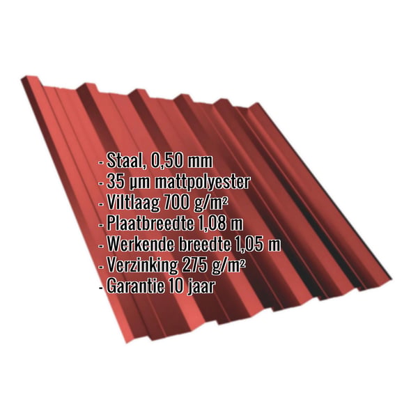 Damwandplaat T35DR kersrood, 0,50 mm, met matpolyester coating en ingebedde productdetails