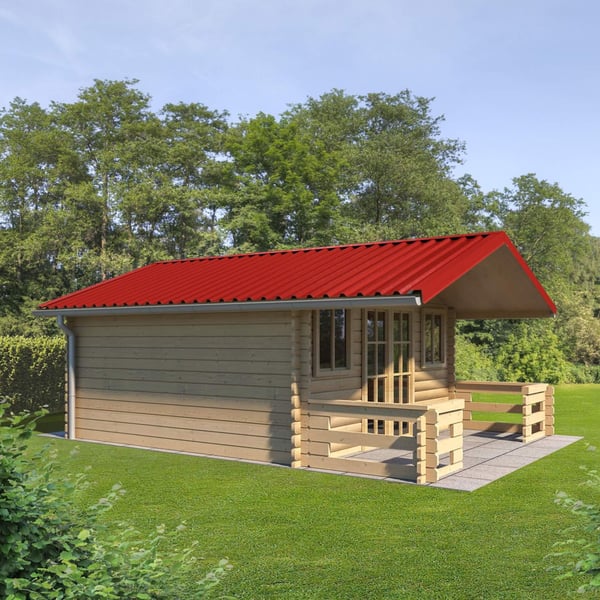 Damwandplaat T35DR Koraalrood (RAL 3016) gemonteerd op een tuinhuis met terras