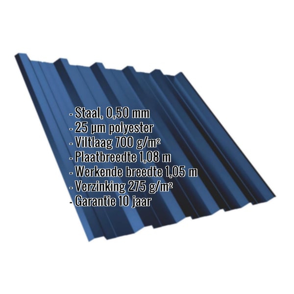 Damwandplaat T35DR Gentiaanblauw RAL 5010 met ingebedde specificaties voor materiaal, dikte en coating