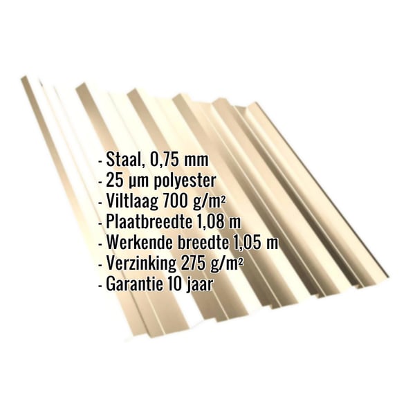 Damwandplaat T35DR Licht Ivoor (RAL 1015) met weergegeven specificaties zoals materiaal, dikte en coating