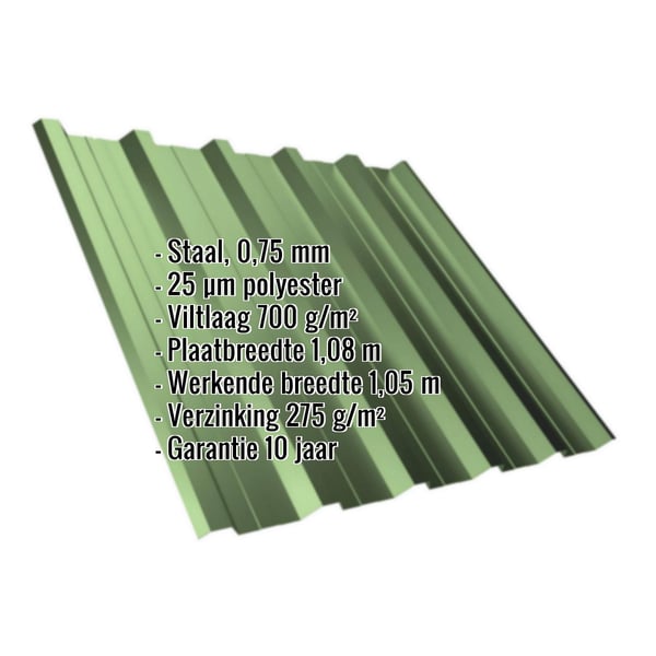 Damwandplaat T35DR Resedagroen met ingebedde productdetails zoals materiaal, dikte en coating