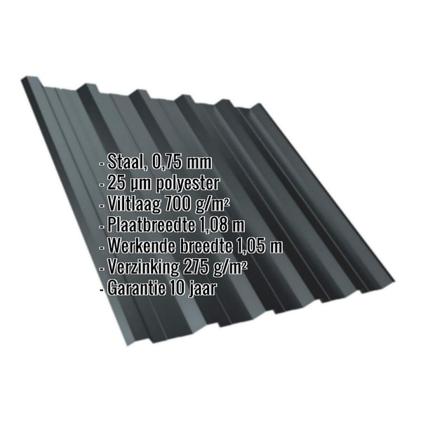 Damwandplaat T35DR antracietgrijs, 0,75 mm, met polyestercoating en anticondensvlies, specificaties getoond