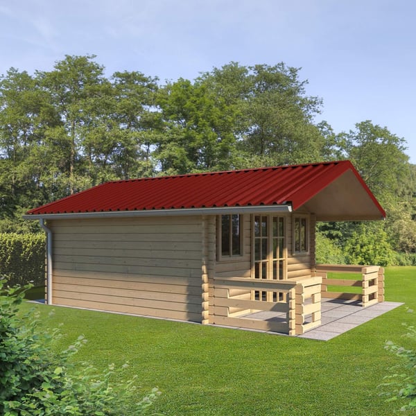 Rode damwandplaat T35DR op het dak van een tuinhuis met veranda, toepassingsvoorbeeld in de tuin
