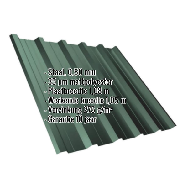 Damwandplaat T35DR mosgroen 0,50 mm met ingebedde specificaties voor materiaal, dikte en breedte
