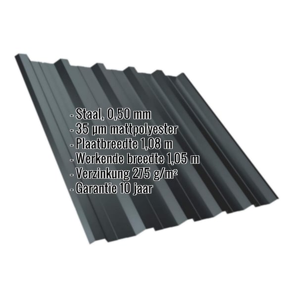 Damwandplaat T35DR antracietgrijs, 0,50 mm, met ingebouwde gegevens over materiaal en coating