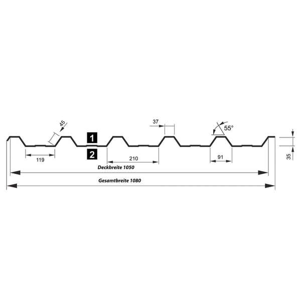 Technische tekening damwandplaat T35DR met profielafmetingen en totale breedte 1080 mm