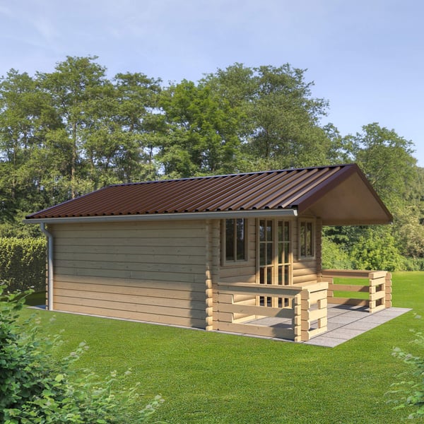 Damwandplaat T35DR dakplaat in chocoladebruin op een tuinhuis gemonteerd, toepassingsvoorbeeld