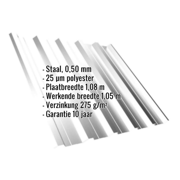 Damwandplaat T35DR lichtgrijs met weergegeven specificaties over materiaal, dikte, coating en garantie
