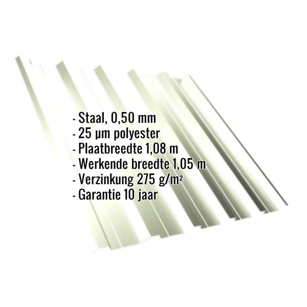 Damwandplaat T35DR Grijswit, 0,50 mm, met ingebedde technische gegevens en garantie-informatie