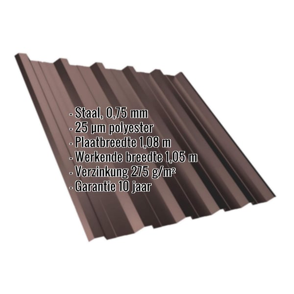 Damwandplaat T35DR in Chocoladebruin (RAL 8017) met ingebedde gegevens over materiaal, dikte en coating