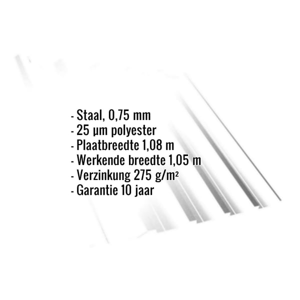 Damwandplaat T35DR, Zuiverwit RAL 9010, met ingebedde specificaties zoals materiaal, dikte en coating