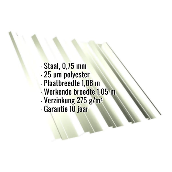 Damwandplaat T35DR Grijswit (RAL 9002) met ingebedde specificaties voor materiaal, dikte en coating