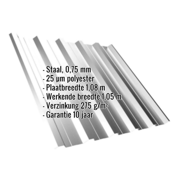 Damwandplaat T35DR Zilver-Metallic met ingebedde specificaties voor materiaal, dikte en coating