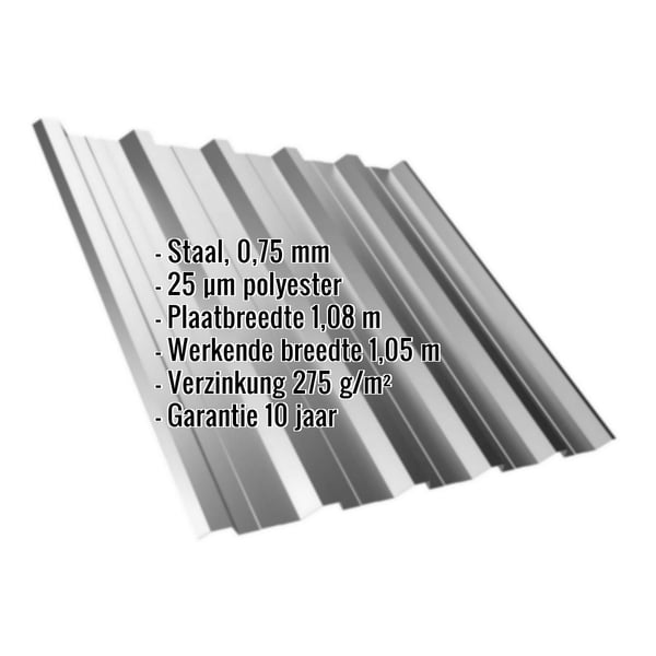 Damwandplaat T35DR, 0,75 mm, RAL9007, met ingebedde technische gegevens
