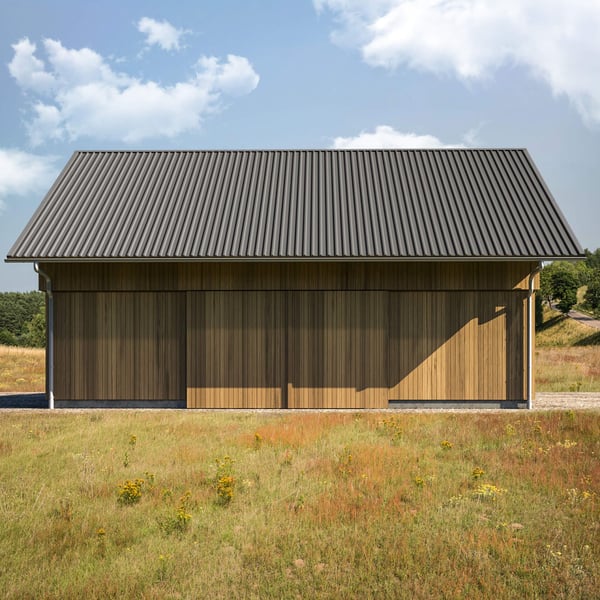 Damwandplaat T35DR, 0,75 mm, RAL9007, als dakbedekking op houten gebouw