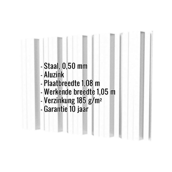 Damwandplaat T35DR Aluzink 0,50 mm, infografiek met materiaal- en afmetingen