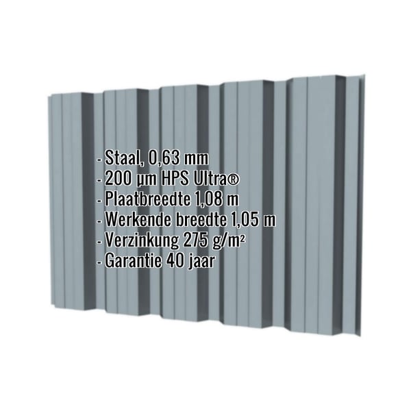 Damwandplaat T35DR wand, Venstergrijs RAL 7040, met ingebedde productgegevens over materiaal en coating
