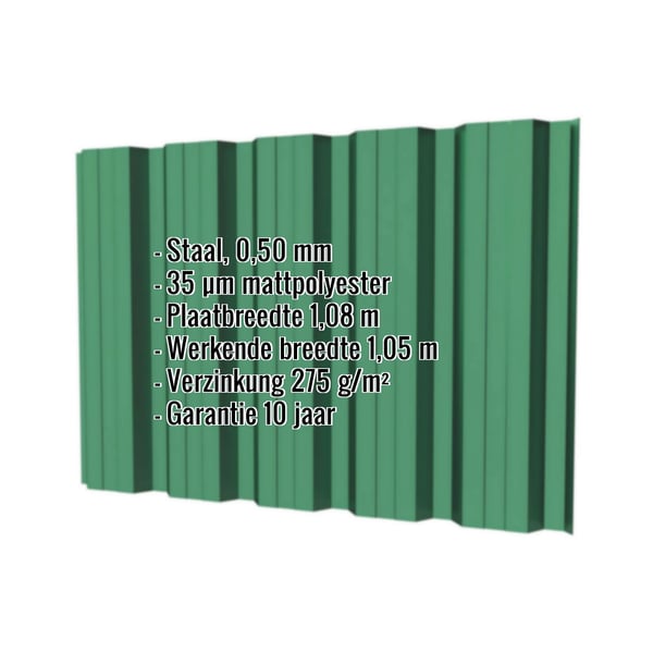 Damwandplaat T35DR wand mosgroen, 0,50 mm, met ingebedde specificaties voor materiaal, dikte en breedte