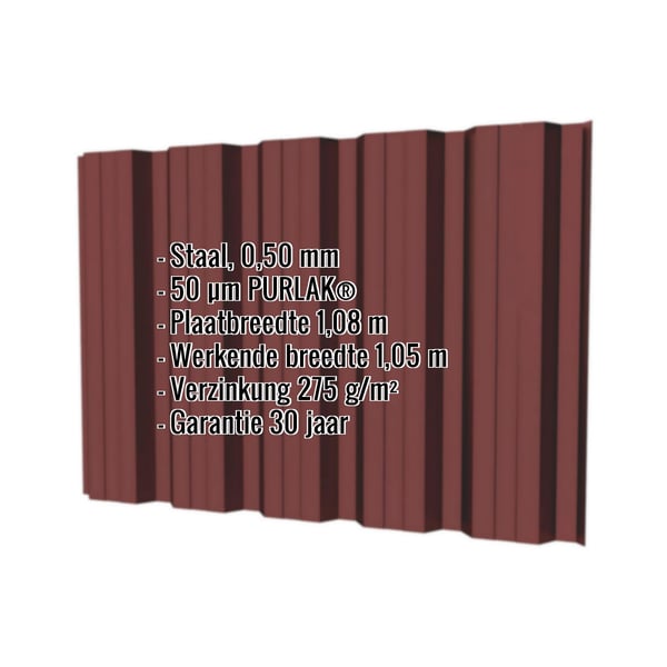 Damwandplaat T35DR roodbruin, 0,50 mm, met PURLAK-coating en ingebedde specificaties