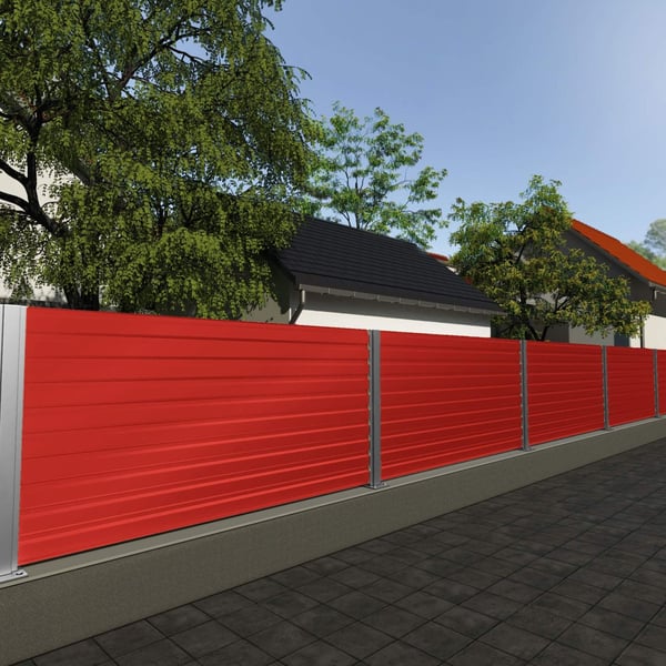 Schutting van damwandplaat T35DR wand Koraalrood RAL 3016 als toepassingsvoorbeeld