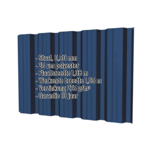 Damwandplaat T35DR wand Gentiaanblauw RAL 5010 met ingebedde technische gegevens