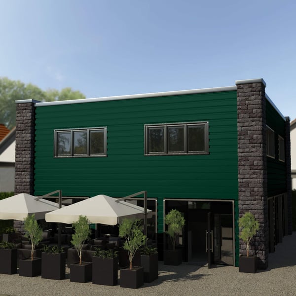 Damwandplaat T35DR mosgroen als gevelbekleding op een gebouw