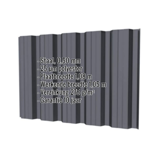 Damwandplaat T35DR wand in grafietgrijs, 0,50 mm dikte, met ingebouwde productgegevens
