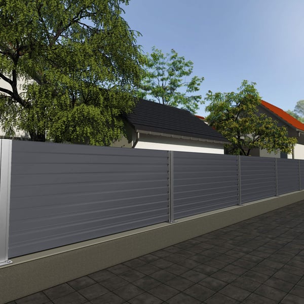 Damwandplaat T35DR wand in grafietgrijs als schuttingbekleding buiten