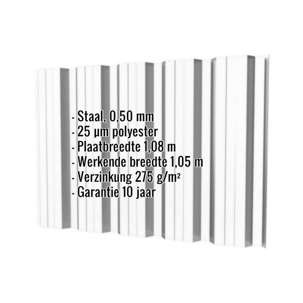 Damwandplaat T35DR Wand Lichtgrijs met ingebedde specificaties zoals materiaal, dikte en coating