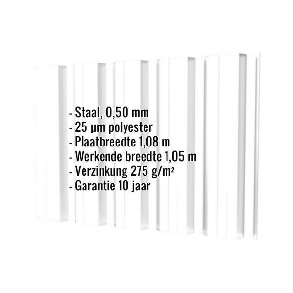 Damwandplaat T35DR wand Zuiverwit 0,50 mm, infografiek met materiaal, coating en afmetingen