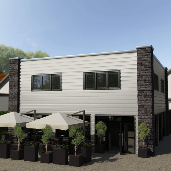 Damwandplaat T35DR wand Grijswit, 0,50 mm, als gevelbekleding op een gebouw
