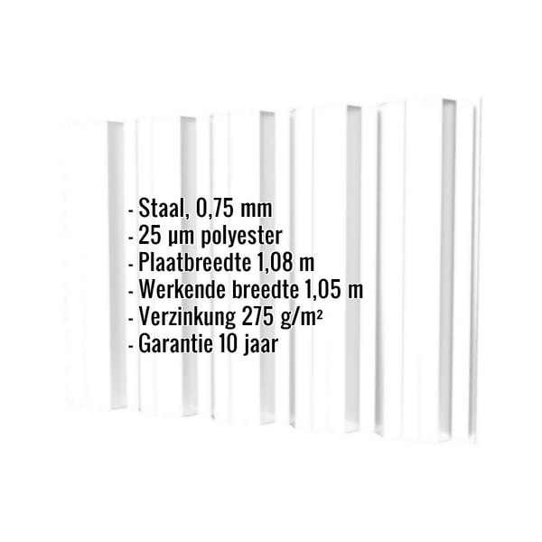 Damwandplaat T35DR wand Zuiverwit, 0,75 mm, met ingebedde technische gegevens