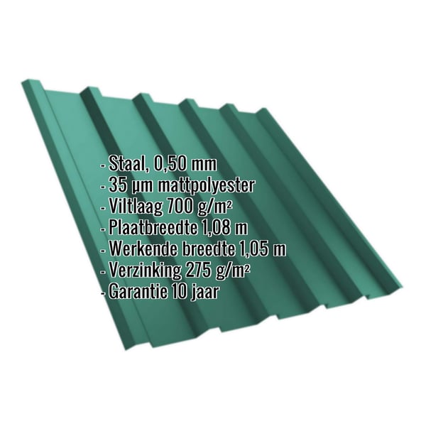 Damwandplaat T35M mosgroen (RAL 6005) met matpolyester coating en ingebedde productgegevens