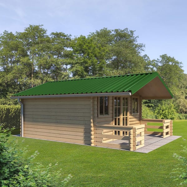 Damwandplaat T35M dak groen op een tuinhuis, gemonteerd als dakbedekking