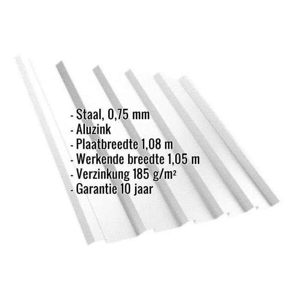 Damwandplaat T35MD Aluzink, 0,75 mm, met ingebedde specificaties voor materiaal, breedte en garantie