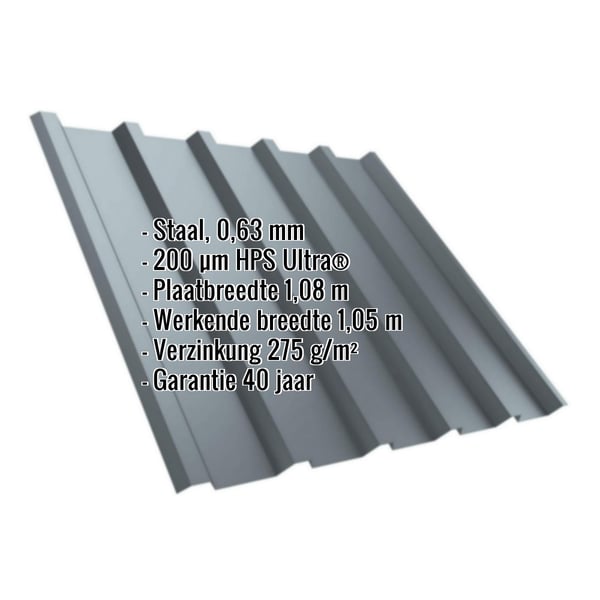 Damwandplaat T35MD dak, Venstergrijs RAL 7040, met ingebedde specificaties voor materiaal en coating