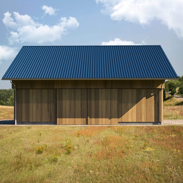 Damwandplaat T35MD dak Gentiaanblauw RAL 5010 op een houten gebouw