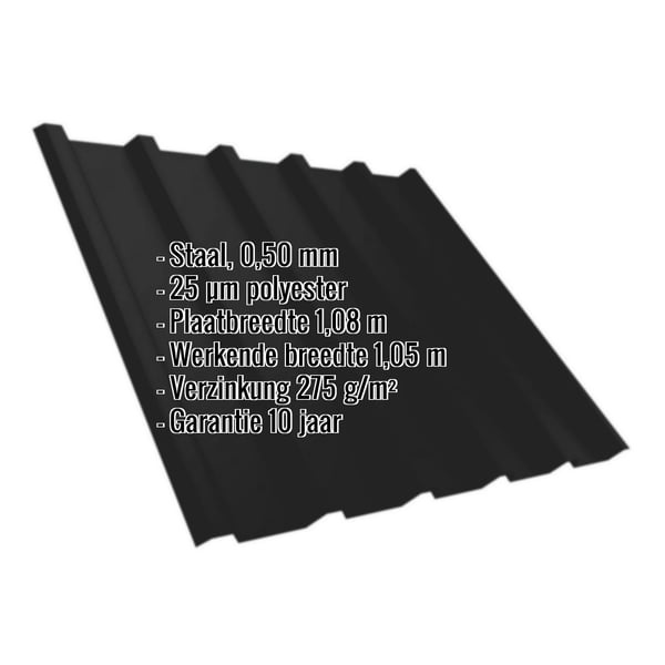 Damwandplaat T35MD Gitzwart, 0,50 mm, met ingebouwde gegevens over materiaal, coating en garantie