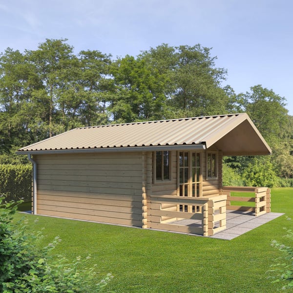 Damwandplaat T35MD licht ivoorkleurig als dak op een tuinhuis met terras