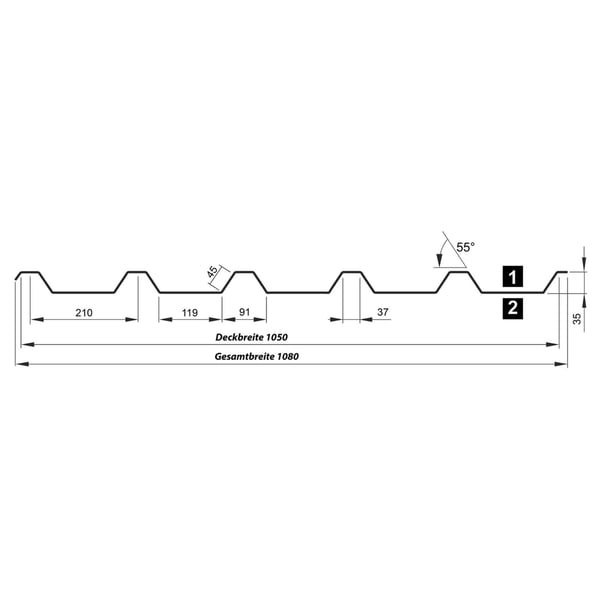 Technische tekening damwandplaat T35MD met profielafmetingen en werkende breedte 1050 mm