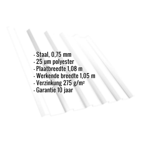 Damwandplaat T35MD zuiverwit met ingebedde specificaties voor materiaal, dikte en coating