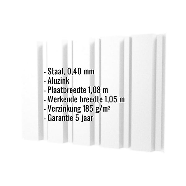 Damwandplaat T35M Aluzink, 0,40 mm, met ingebedde specificaties over materiaal, breedte en garantie