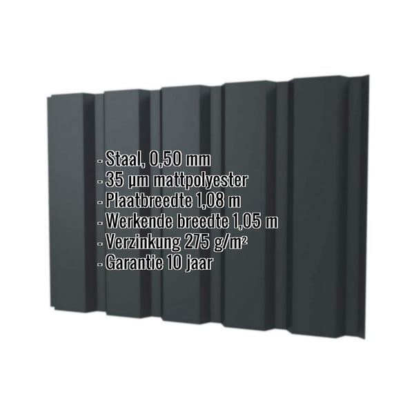 Damwandplaat T35M wand, antracietgrijs, met ingebouwde technische gegevens zoals materiaal, dikte en coating