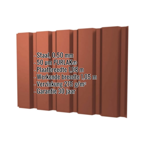 Damwandplaat T35M wand Koperbruin met PURLAK coating, 0,50 mm dikte, infografiek met specificaties
